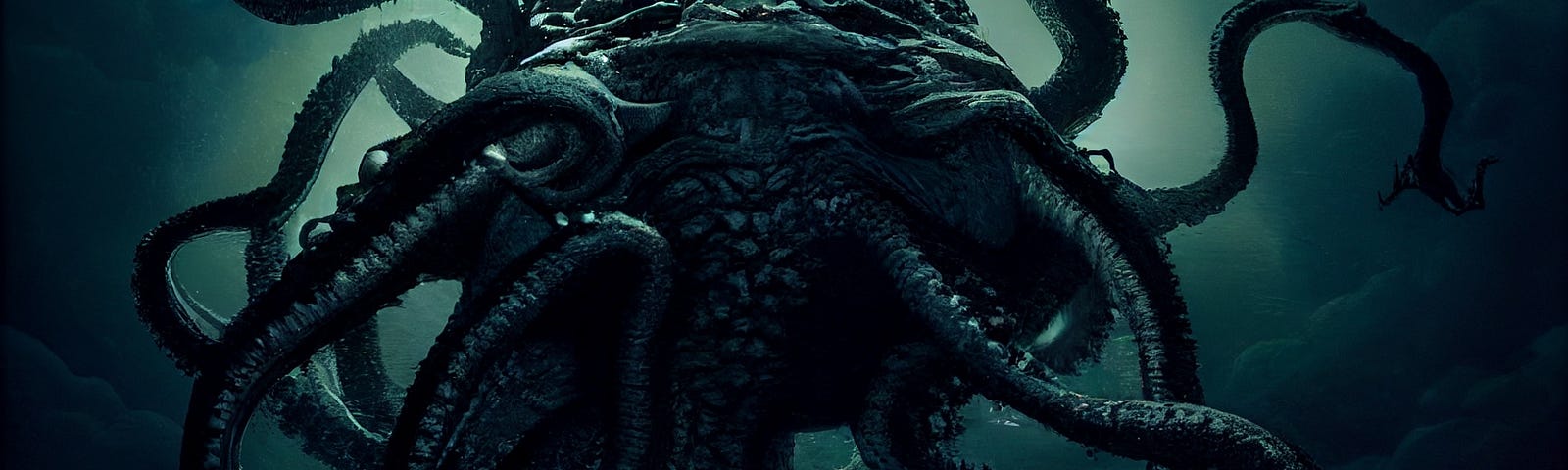 A mysterious kraken rising from water with dark green light all around.