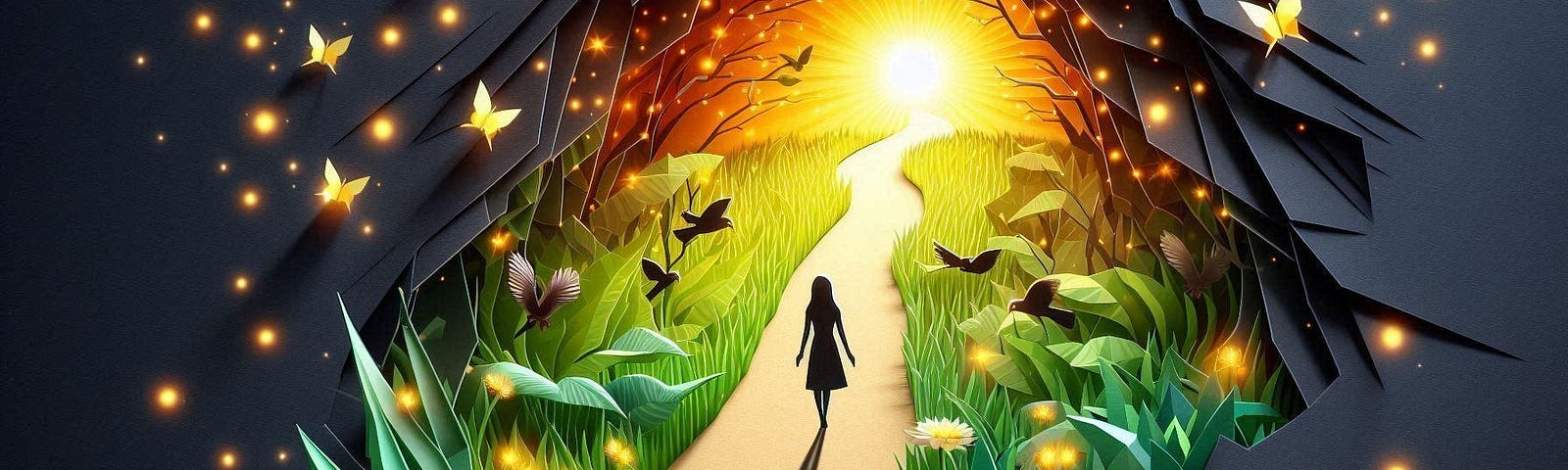 An image depicting a woman walking through a crack in the earth’s surface. As she continues along the path, she discovers a beautiful world of light and beauty beneath, revealing blessings in disguise.