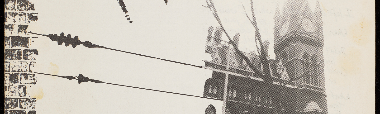 Hand written title ‘Heywire’. Black and white save for a cut out of a man wearing a yellow coat and peaked cap. Image of a building with clock tower. All images have been cut out, pasted on and then photocopied. price 30 p