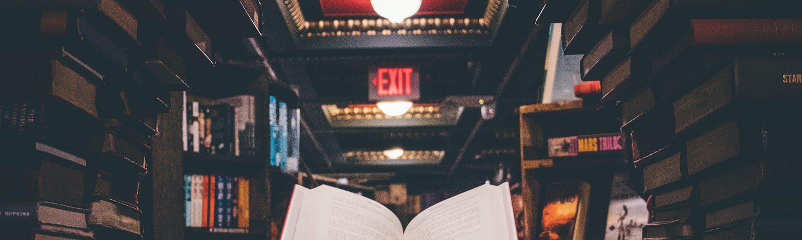 An open book hangs by invisible wire in the middle of a circular display made of books in a dimly lit bookstore.