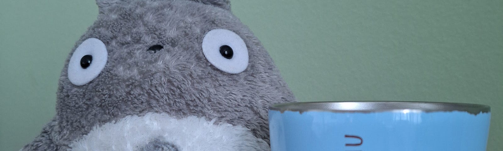 Grey and white soft toy Totoro character and pale blue enamel cup featuring Pikachu, on a wooden table with a pale green background.
