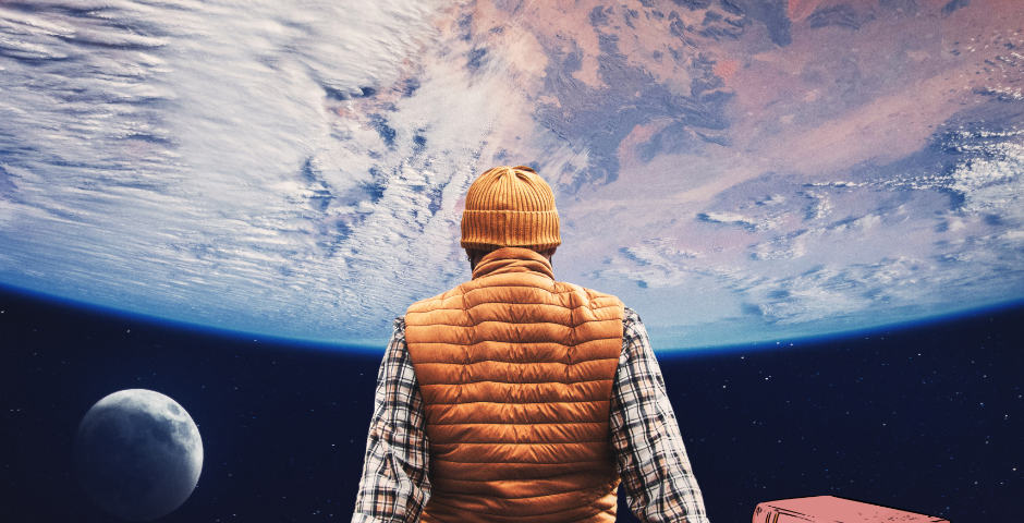 Man watching the Earth from space with a stack of books.