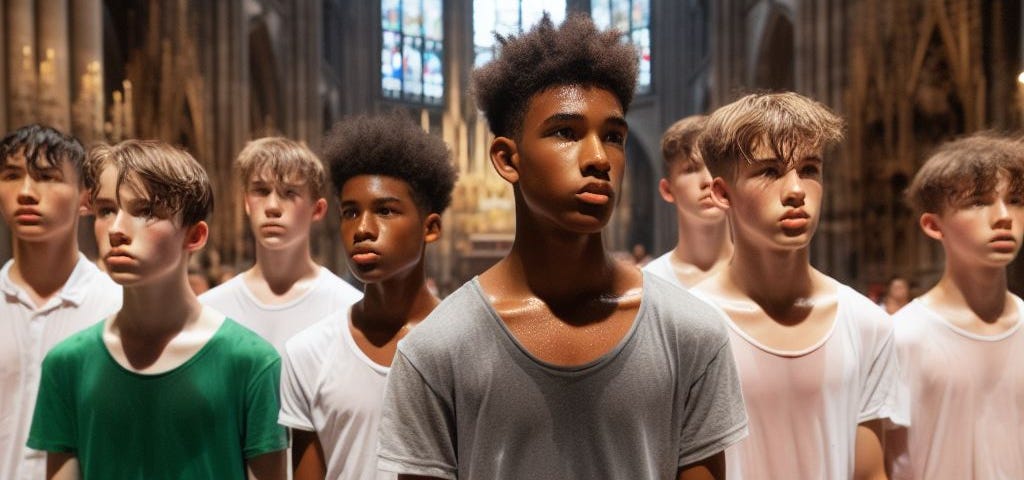 Boys hot and sweaty  in a catherdral. Wearing shorts and t-shirts.