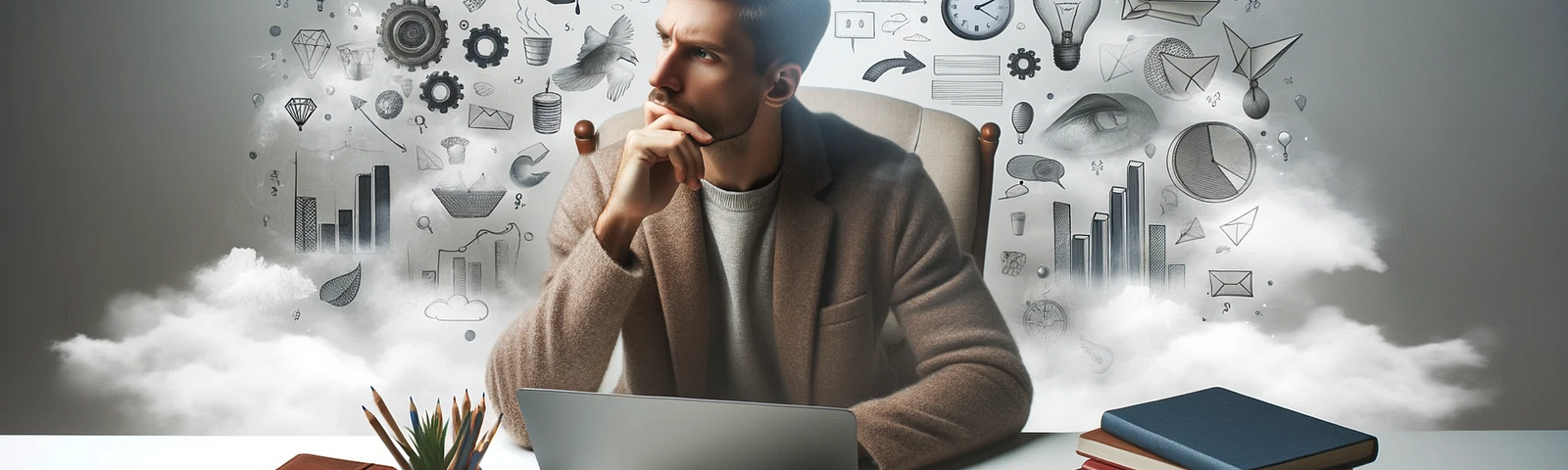 Thoughtful writer at a desk surrounded by the tools of the craft, representing dedication to the art of blogging