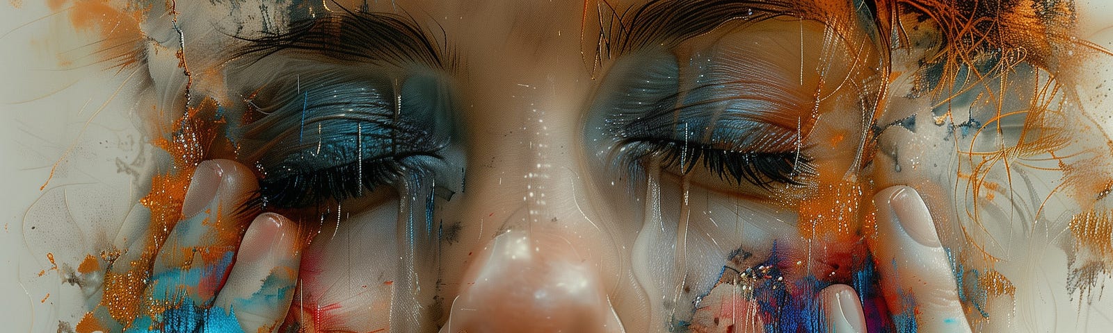 An AI painting closeup of a young woman’s face held between her hands. Her eyes are closed as she ponders. Splashes of orange and turquoise color are on her face and hands.