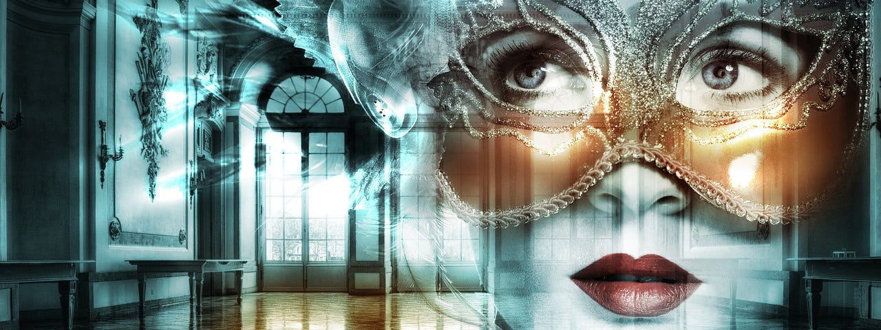 On the right is a transparent photo of a woman’s face. She is wearing a ball-mask and bright red lipstick. To the left side and behind her is a ballroom. The woman looks thoughtful.