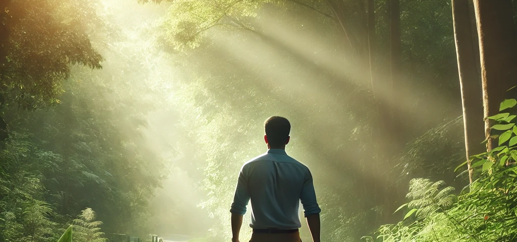 A man walking confidently along a path surrounded by lush greenery and soft sunlight. He is dressed in casual, yet tidy attire, symbolizing self-leadership and personal growth. The clear and inviting path ahead represents the journey towards success, exuding a sense of calm determination and purpose.