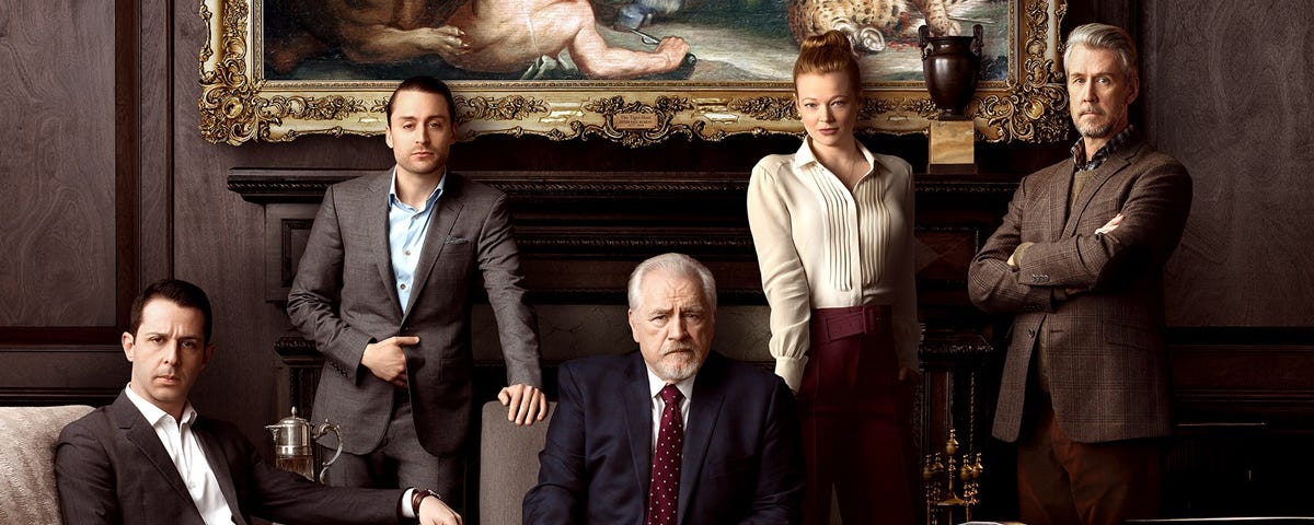 Brian Cox, Jeremy Strong, Sarah Snook, Kieran Culkin, e Alan Ruck, em imagem da série Succession (Divulgação/HBO)