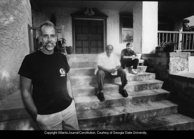 William Bill Gripp, Atlanta Gay Center Board member; Lonnie C. King, Jr., owner of property; Right, and Richard Swanson, Atlanta Gay Center Administrator at 525 Parkway Drive, NE, they are using as the Atlanta Gay Center. See the original item at Georgia State University Library digital collections.