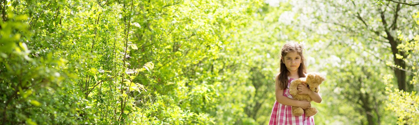 Young girl alone in the woods clutching a teddy bear