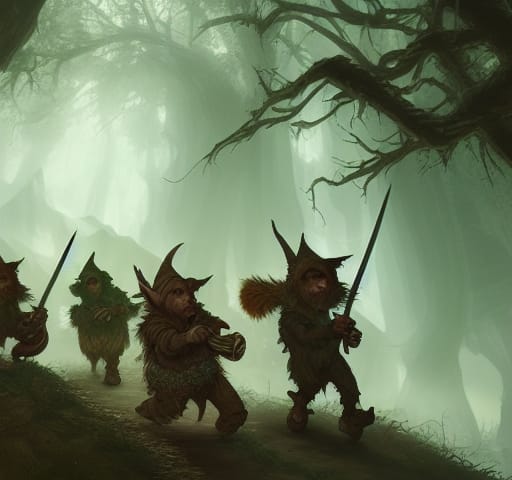 Silhouettes of a gang of armed goblins in the backdrop of a misty forest