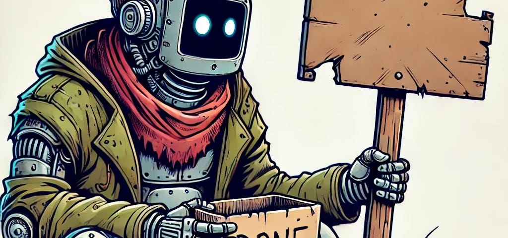 IMAGE: A comic-style illustration of a desperate robot dressed as a homeless person and begging for money