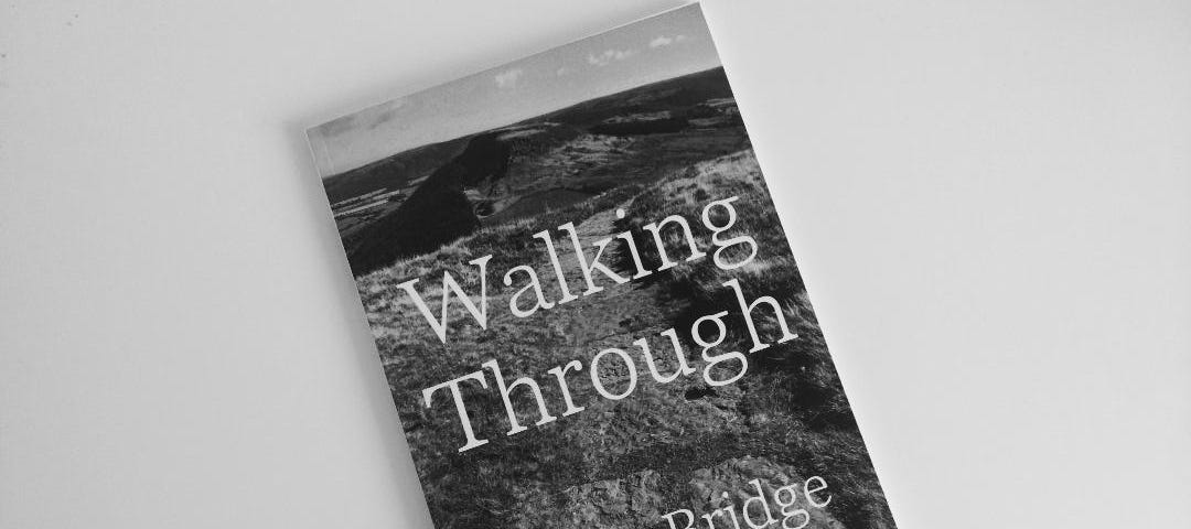 Poetry collection called “Walking Through” by Chris Bridge. On the book is a photo of countryside.