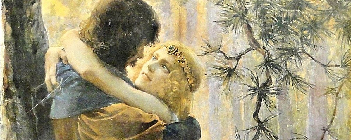 A Gaston Bussière painting of two lovers embracing in a forest.