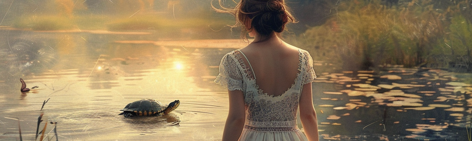 A young lady in a white vintage dress walks alongside a lake and encounters a turtle nearby.