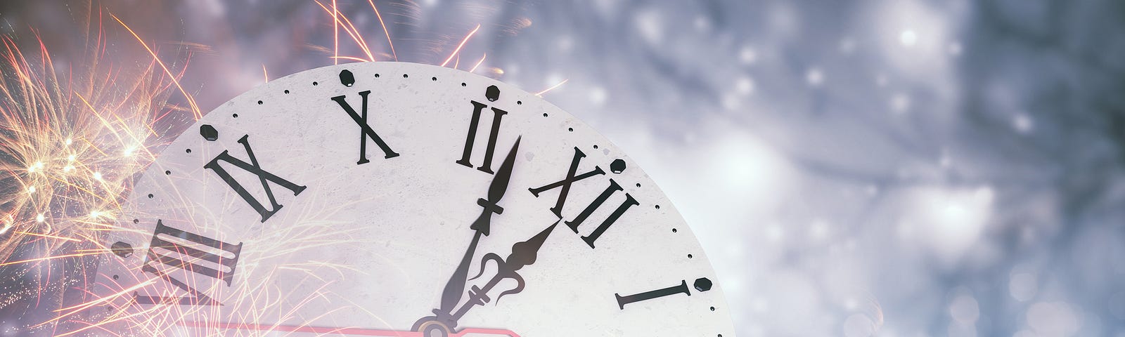 A pocket watch surrounded by festive fireworks for New Year’s
