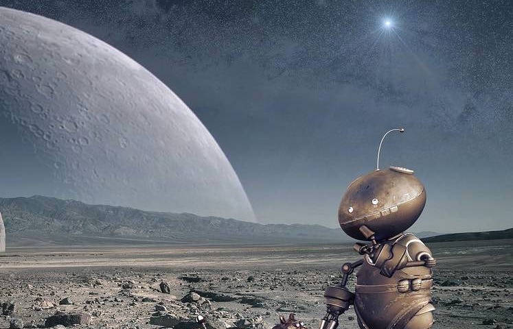 Robot on Mars looking at a robot cat