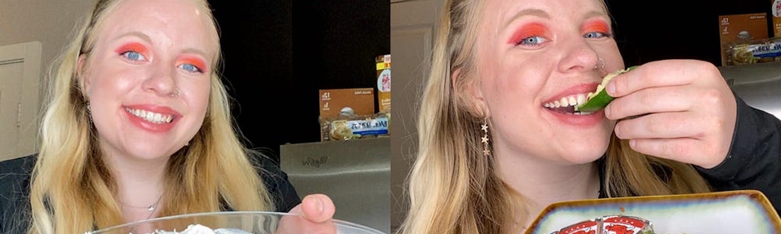 Side-by-side photos featuring the author eating healthy snacks.