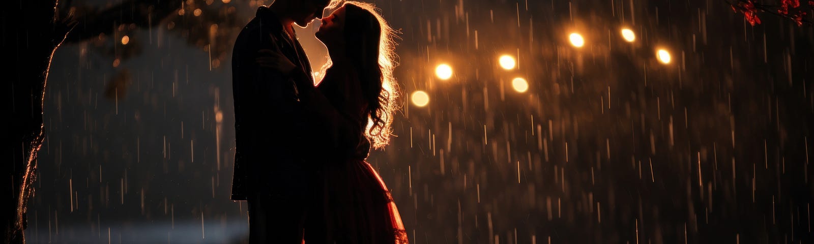 a couple kissing on a dark and rainy night.