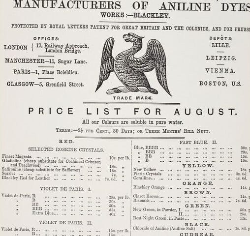 Printed page from Levinstein & Sons titled Price List for August, listing the prices of multiple colours, and featuring an illustrated eagle as a trade mark.