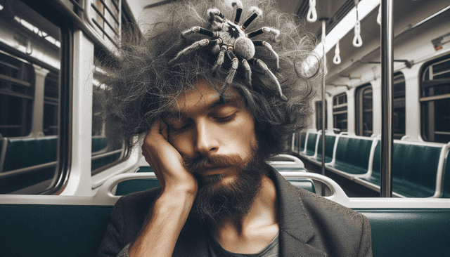 A sleeping man sitting on a train with a spider in his hair.