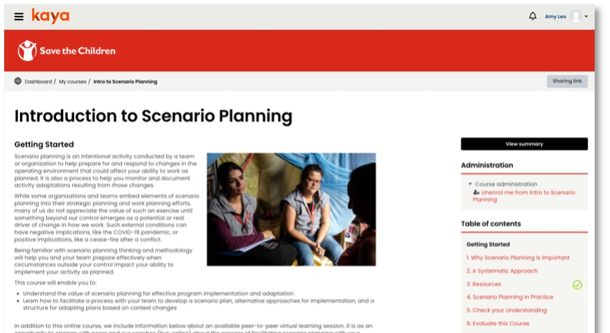 Screenshot of the Introduction to Scenario Planning course, which is hosted on the Kaya platform. Text at the top reads “Kaya” followed by “Save the Children” and the Save the Children logo. Next is the page title “Introduction to Scenario Planning” followed by text on getting started which is accompanied by a picture of two women wearing lanyards setting down.