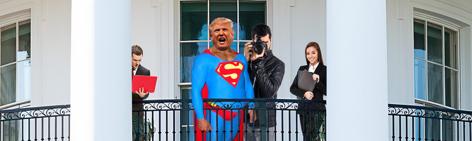 Trump on White House balcony in Superman suit.