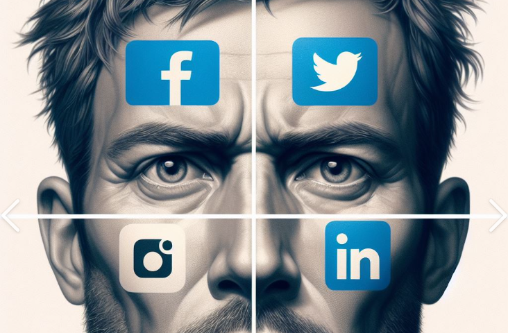 Image contains a man’s face split across four panes. There are images of social platforms such as Instagram, FaceBook, and Twitter scattered across the image.