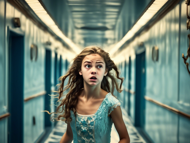 A young girl with long hair and a pretty blue dress looks fearful as she runs along a blue and white ship’s corridor.