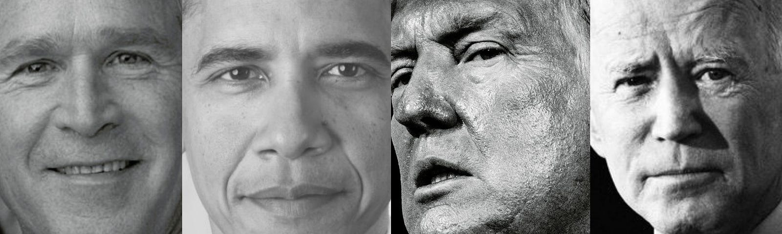 A black and white collage of Presidents George W. Bush, Barak Obama, Donald Trump, and Joe Biden, from left to right