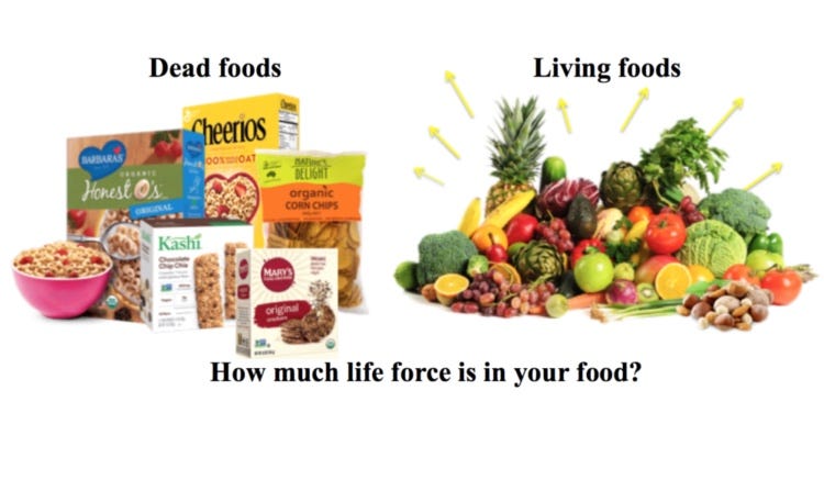 comparison of dead food (dry cereal, crackers, chips with fresh veggies and fruits
