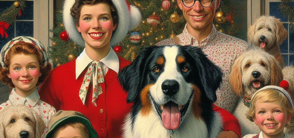 An ideal family with dogs, posing in front of Christmas tree