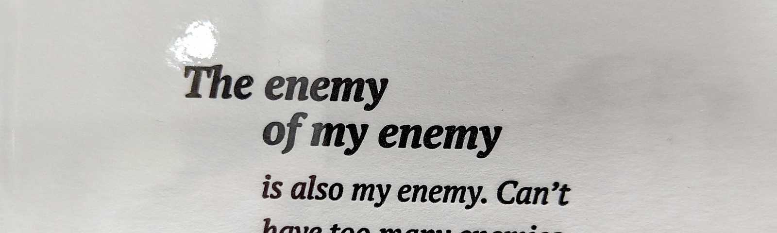 What if we are our own worst enemies? Black and white text reading: The enemy of my enemy is also my enemy. Can’t have too many enemies.