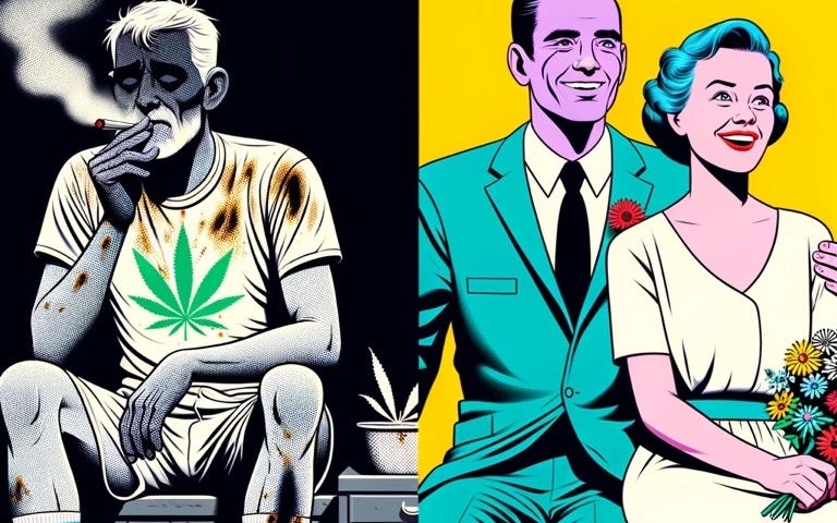 This is an illustration showing a depressed, lonely marijuana smoker vs. a happily married couple.