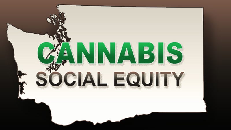 The LCB Cannabis Social Equity logo, with the outline of Washington state on a brown background and the text “Cannabis Social Equity”