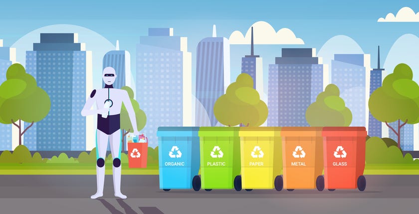 Robot carrying a bucket with trash, while standing next so several bins for organic, plastic, paper, metal and glass waste.