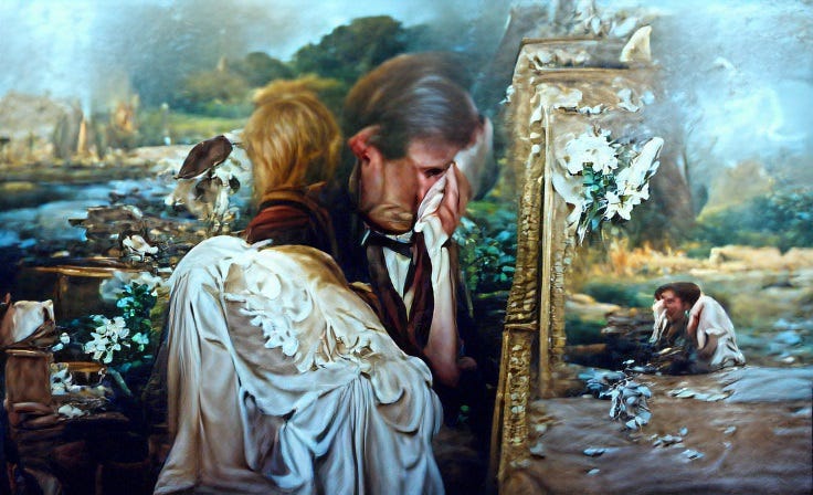 Artificial Intelligence generated, surreal artistic impression of a seemingly upset man, with possibly an upset female, separated from the man by, what looks like, an ornate frame.