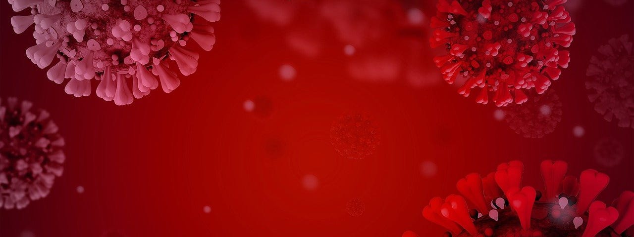 Coronavirus molecules floating in a red medium