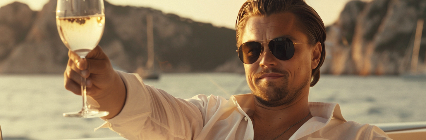 A man who looks like Leonardo DiCaprio sitting on a boat with a glass of champagne
