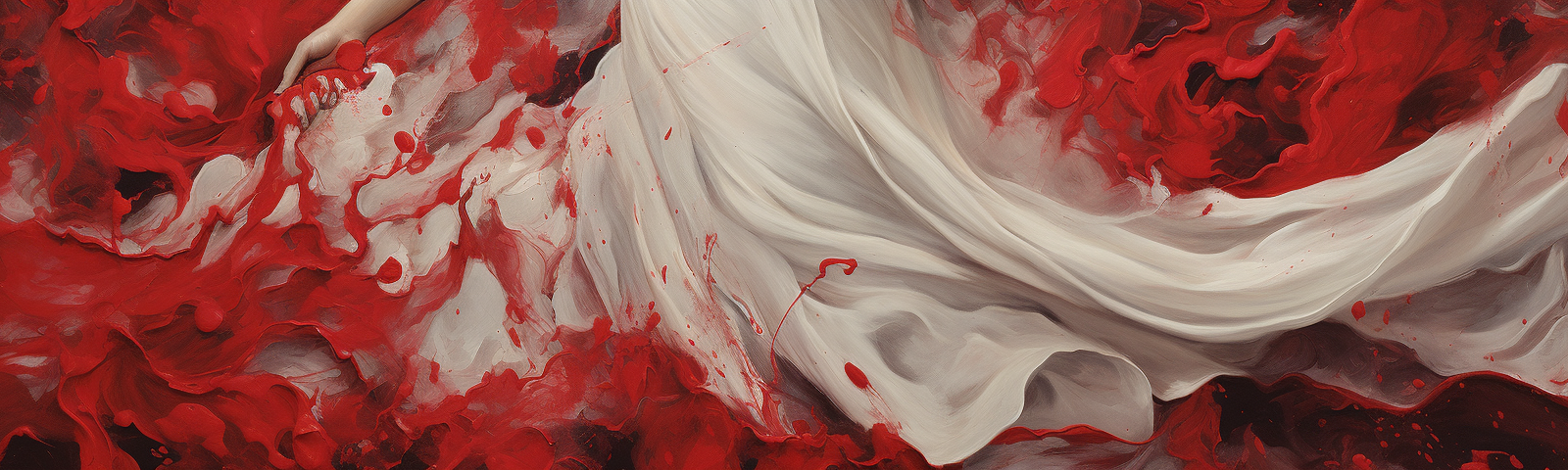 A white dress with red splotches of paint, dramatic, detailed, close up — ar 16:3