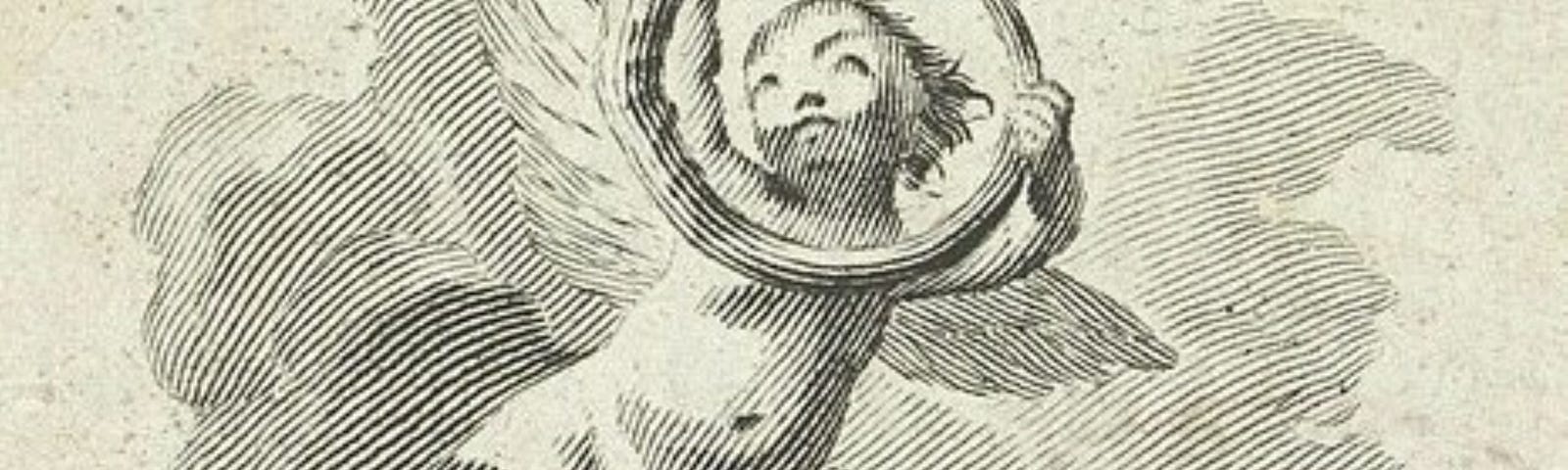 Line drawing of a cherub holding up an Ouroboros, a snake eating its own tail.