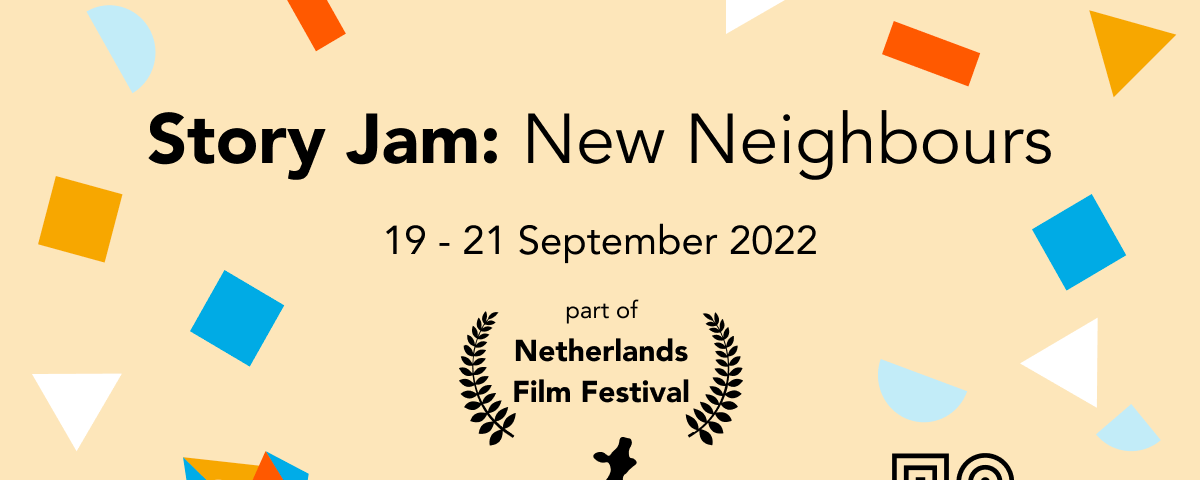 A flyer for Story Jam: New Neighbours, taking place 19–21 September 2022 as part of the Netherlands Film Festival. Partner logos on the bottom include Storytellers United, the Netherlands Film Festival and the Netherlands Institute for Sound and Vision