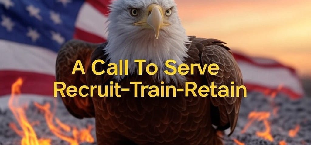 pic of American Flag- with Bald Eagle in the foreground- with the text “A Call to Serve: Recruit-Train-Retain”