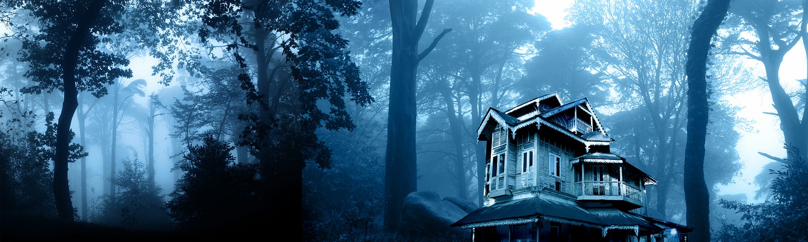 Haunted house in a dark wood. The picture is made up of green hues.