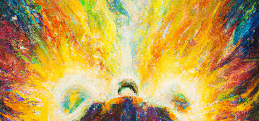 Photo of an expressive oil painting of a person posing depicted as an explosion of a nebula