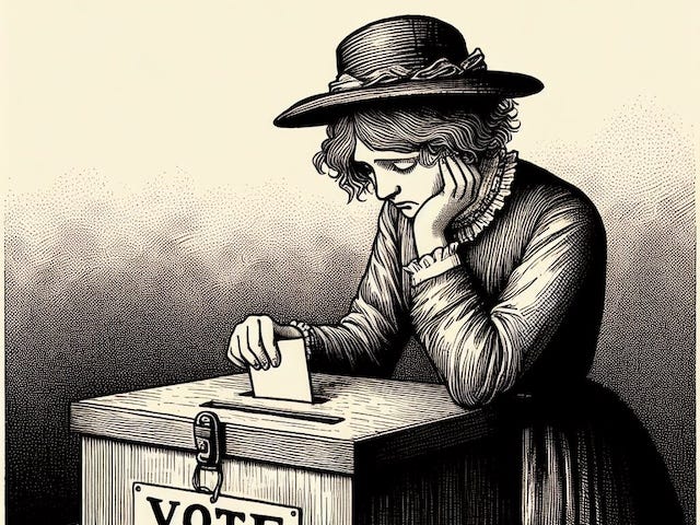 A picture in the style of a black-and-white Victorian illustration, showing a woman sadly casting a vote into a ballot box.