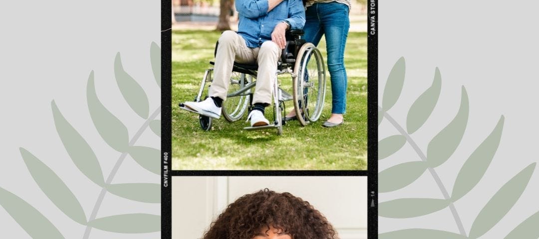 a smiling man in a wheel chair and a smiling black girl