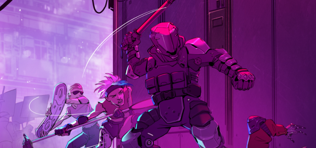 A heavily armored security trooper beats an android with a baton. The trooper face is totally covered by the helmet. The android is laying on the ground, trying to protect themself. Two saviors rush to attack the trooper from behind. A girl is carrying some kind of pole. A man behind her prepares to use his skateboard to attack the trooper.