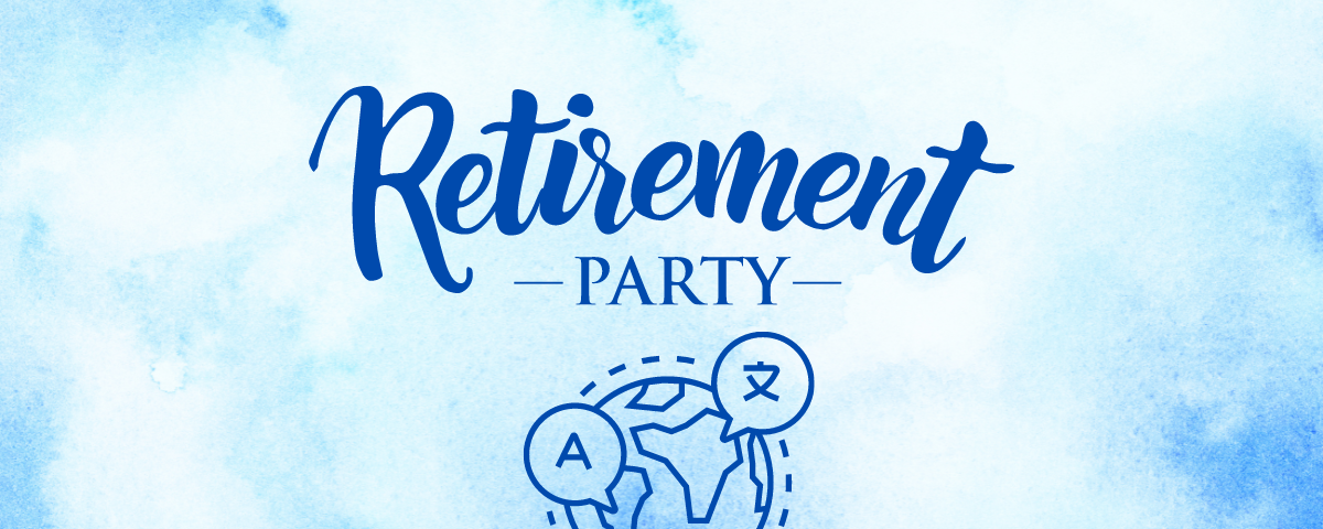 Retirement party with languages — a blue graphic in a light blue background