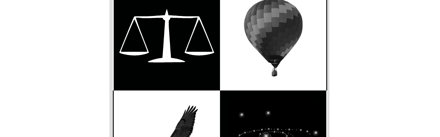 four images: the scale of justice, a hot-air balloon, a hawk, & a galaxy